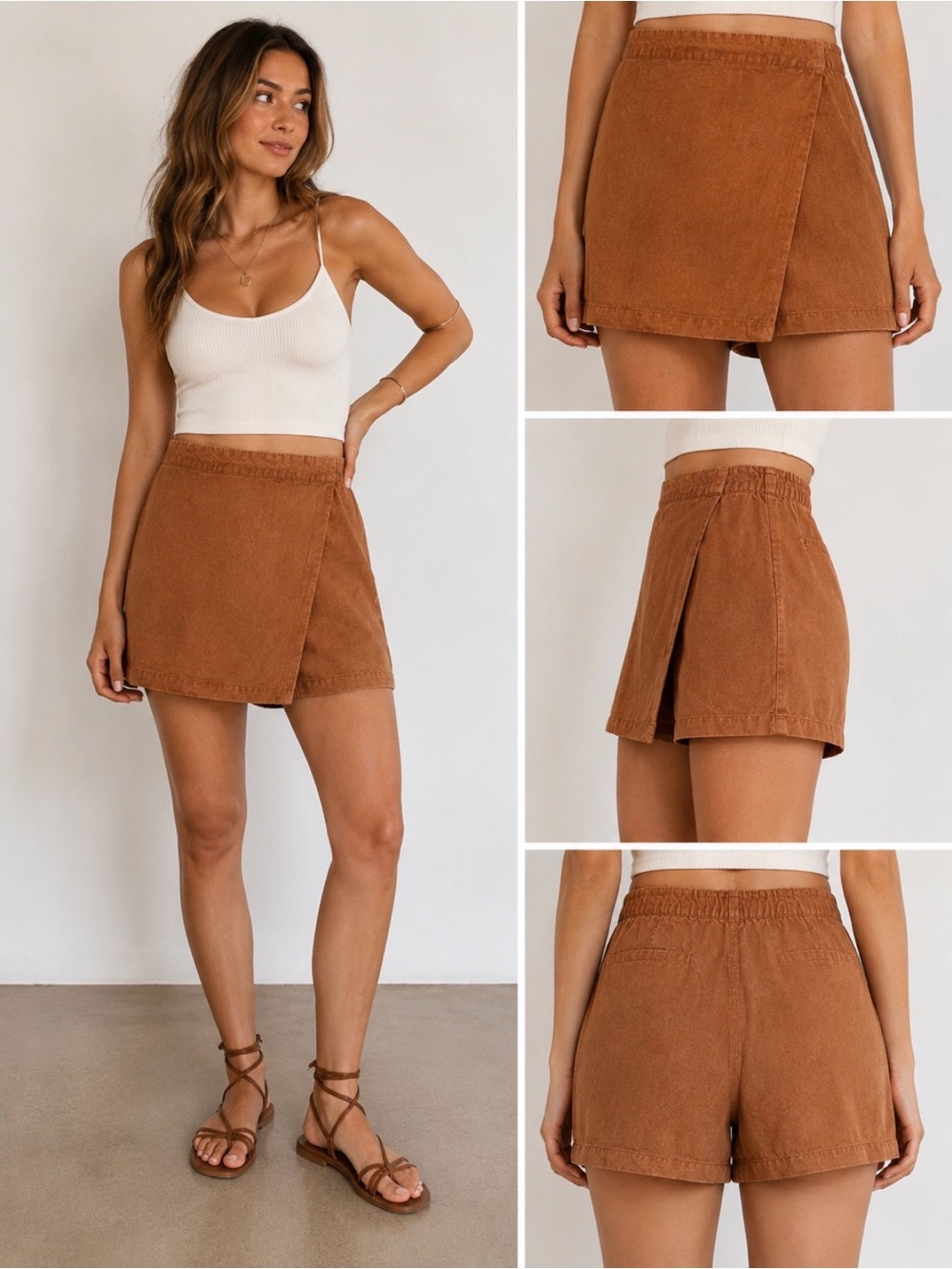 YFB Young Fabulous & Broke Linen Blend Wrap Skort Shorts Tan XS
